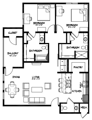 Floor plan for 2 beds, 2.5 baths, 1276 sqft